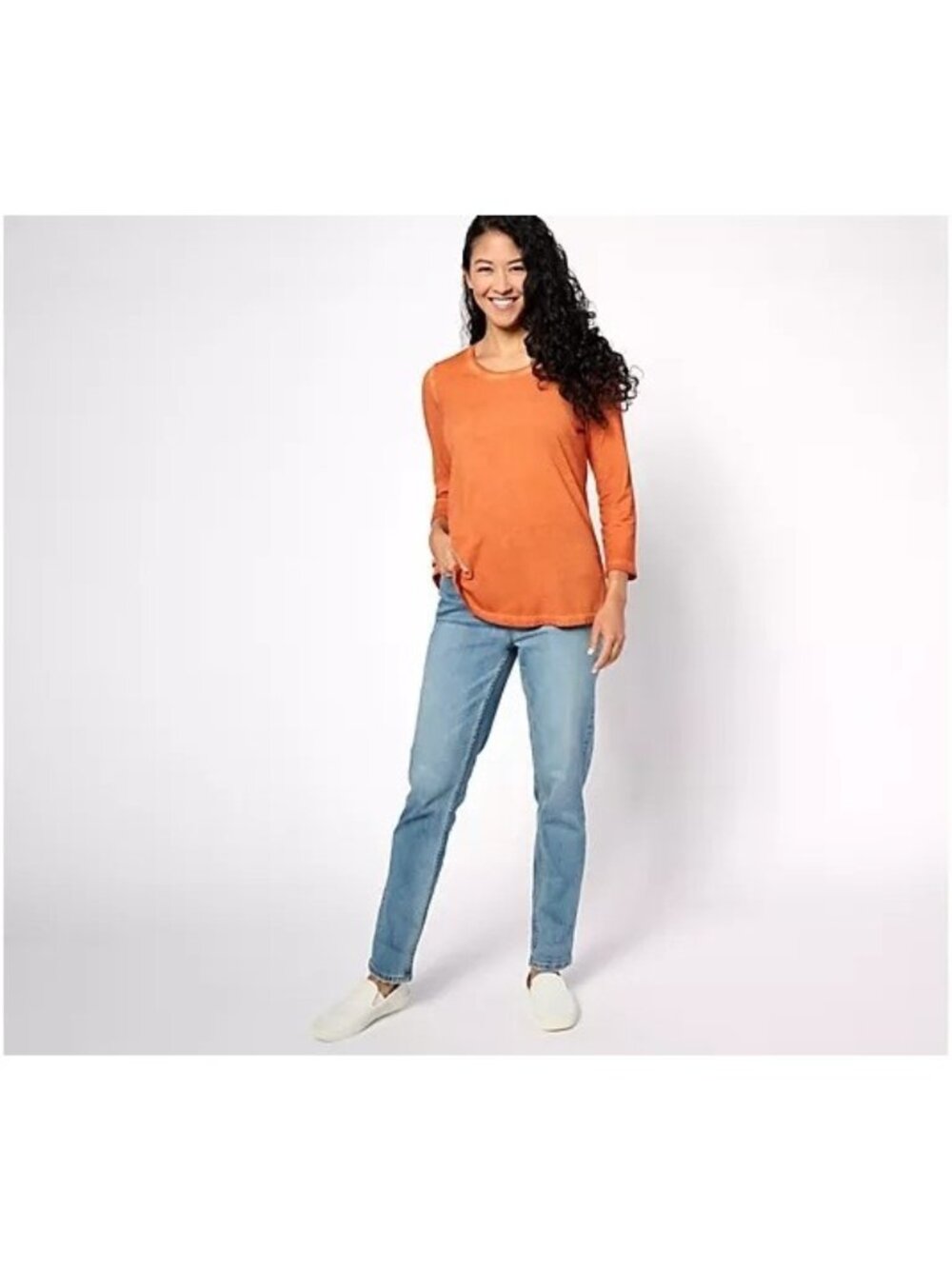 LOGO by Lori Goldstein Top Medium Distressed Shirt Cotton Orange Cotton Modal